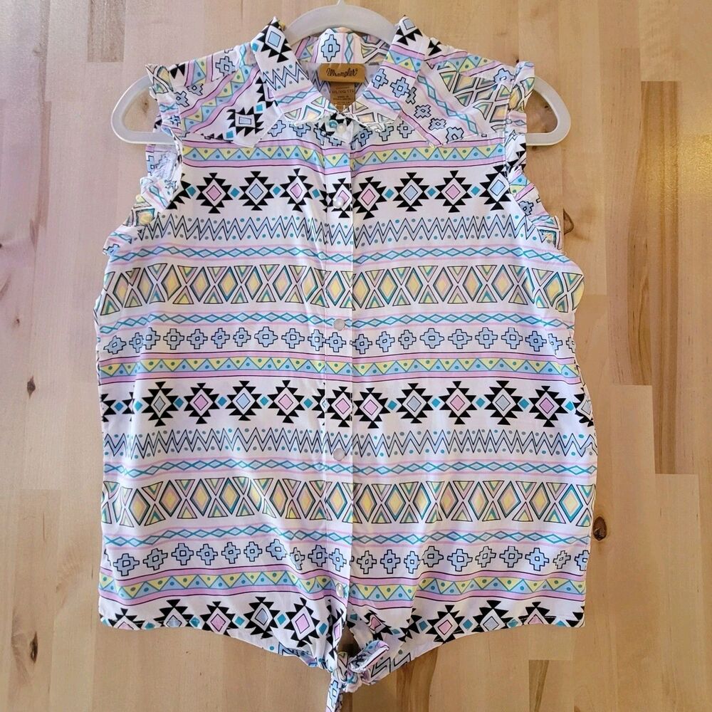 Wrangler Girls Multicolor Sleeveless Pearl Snap Shirt Tie Front Sz XXL Women Med